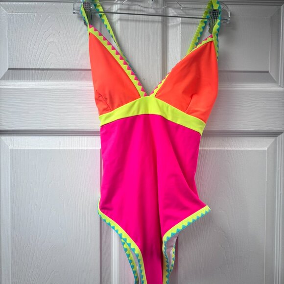 Popvil - One Piece Swimsuit Women Neon Color Block Bathing Suit - Picture 3 of 4